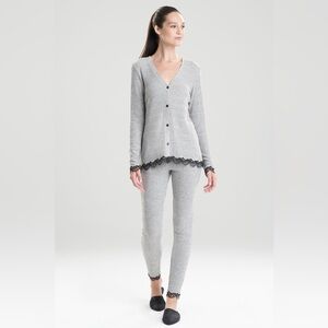 Natori Luxe Ulla Cardigan Lace Trim Gray Button Down Pajama Set #95
